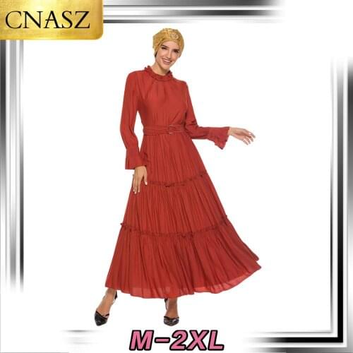 2019 Latest Muslim Women Maxi Skirt Turkey Islamic Horn Long Sleeve Waist Tie Big Swing Stitching Dress Arabian Dubai Dress