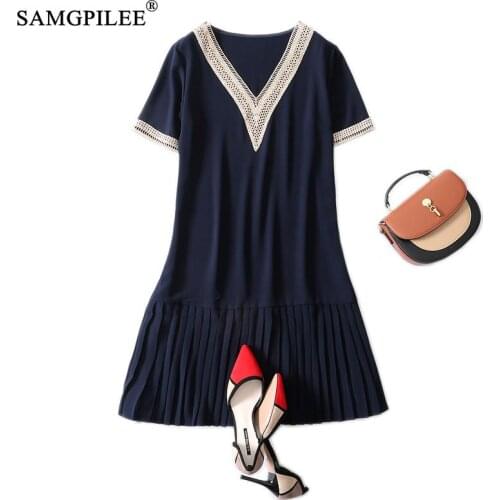 Dress For Women 2021 New Korean Office Lady A-line Solid Short Sleeve Embroidery Knee-length Plus Size V-neck Woman Dresses 4XL