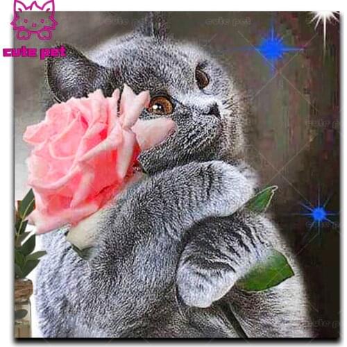 DIY Diamond Painting Animal gray cat rose Handicrafts Picture Rhinestones Gift 5D Cross Stitch Diamond Embroidery sale Art gift