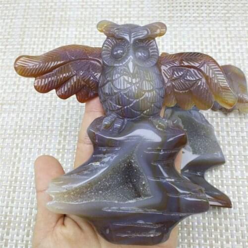 Chakra healing products natural quartz crystal carved agate druzy owl statue for Home decoration