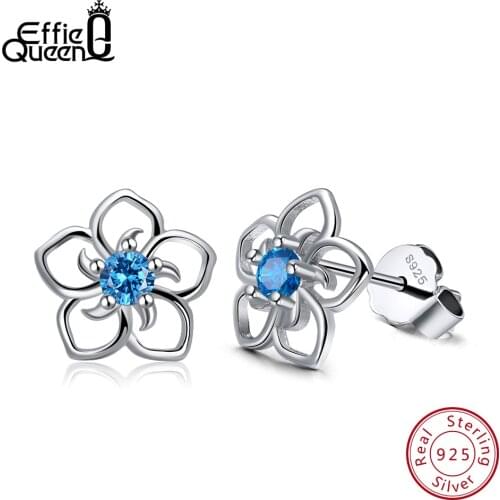 Effie Queen Real 925 Sterling Silver Earrings For Women With Clear Blue Red Purple Zircon Silver Stud Earrings Jewelry Gift BE71