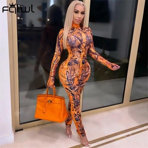 FQLWL Long Sleeve Bodycon Romper Women Jumpsuit Slim Elastic Streetwear One Piece Outfit Ladies Print Tight Jumpsuit Ladies 2021