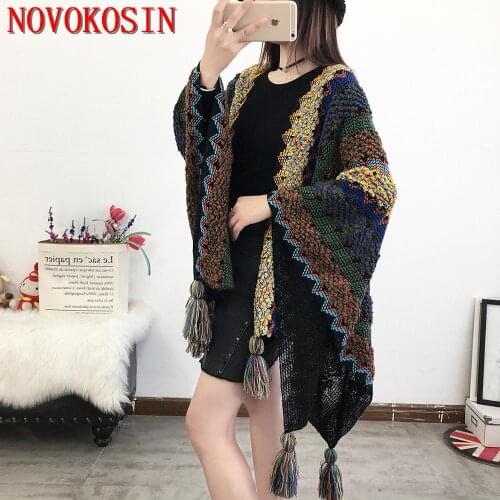 SC415 Women Cardigan Multicolor Stripe Capes Loose Thick Poncho 2020 Autumn Winter Knitted Sweater Tassel Scarf Shawl