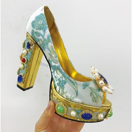 Fashion Brand Women Pumps Super 14CM High Heels Summer Sandals Beading Pearl Wedding Party Shoes Woman Platforms Sexy Prom Pumps