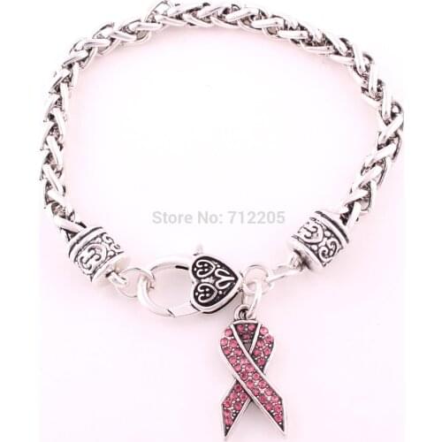 Lobster Claw 30pcs antique silver Wheat Link Bracelet Chain with Pink Crystal Awareness Ribbon Pendant Bracelet
