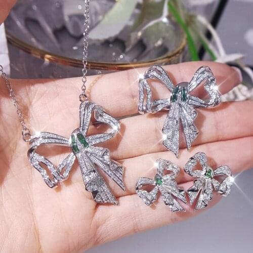 Original Popular Flash Diamond Bowknot Zircon Necklace Pendant Earrings Adjustable Ring Three-piece Jewelry Ladies Accessories