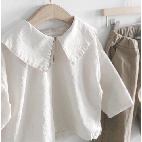 Han Autumn Boys and girl Cotton and Hemp Navy Collar Lovely Long Sleeve T-shirt Top