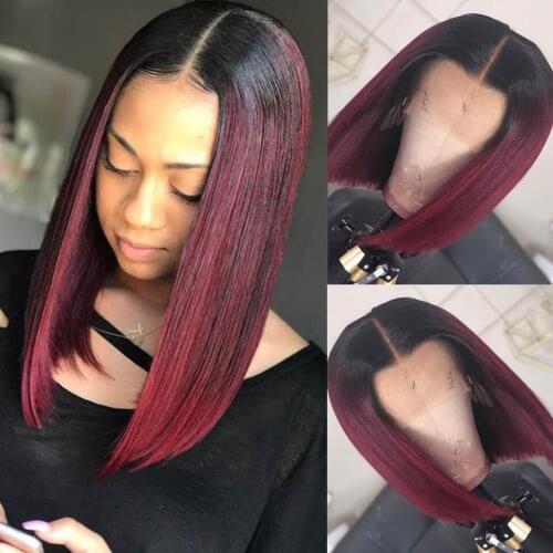 Ombre Burgundy Lace Front Wig Straight Short BOB Human Hair Wigs 180% 1B/99J Brazilian Remy Hair Pre Plucked T Part Lace Wigs