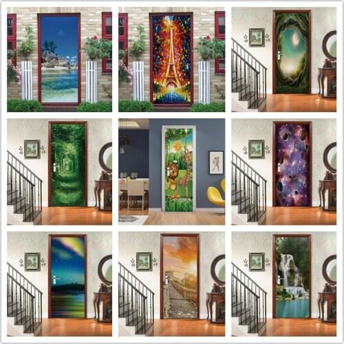 Landscape 3D Door Stickers For Corridor Art Home Decor Wallpaper For Doors Bedroom Living Room Decorative Mural Poster Adhesive