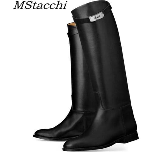 MStacchi Sexy Women Motorcycle Booties Belt Strap Metal Shark Lock Flat Heel Knee High Boots Woman Genuine Leather Botas Mujer