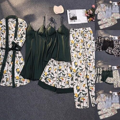 Print Pajamas Set Silky Women 5 Piece Sleepwear Satin Lace Sleep Pyjama Lounge with Belt Chest Pads Sexy Strap Home Nightwear