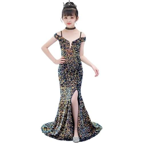 2020 New Girls Sexy Sequins Evening Dress kids Catwalk Mermaid princess dress birthday party dress for girls vestidos L468