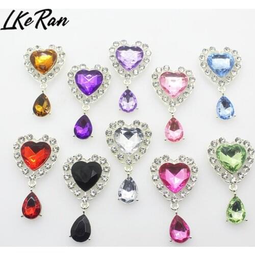 Direct sales2Pcs 25*45mm Heart Acrylic Rhinestone Pendants Buttons Wedding Decoration Diy Flat back Brooch Hair Bow Jewelrywhol