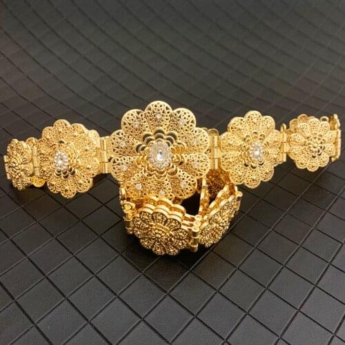 RLOPAY New Flower Women Waist Chains with Crystals Gold Jewelry Belts for Abaya Colors Rhinestone Moroccan Wedding Belts