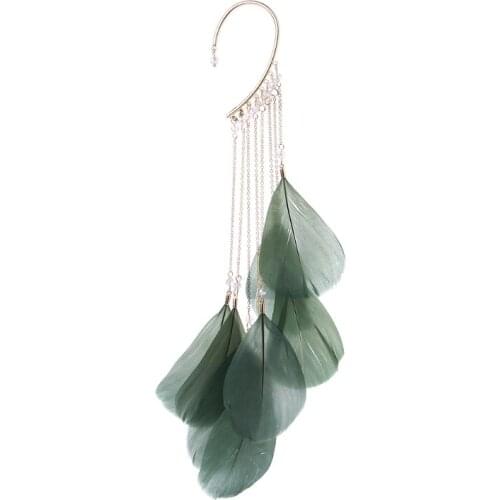 Boho Green Natural Feather Dangle Hoop Earrings NO Piercing Cuff Ear Clip Women