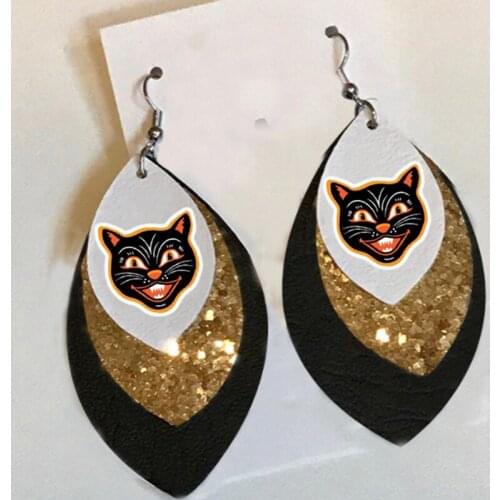 Black cat earrings Teardrop Halloween earringsChristmas Glitter Faux Leather Earrings Lightweight Leaf Earrings Holiday Gifts