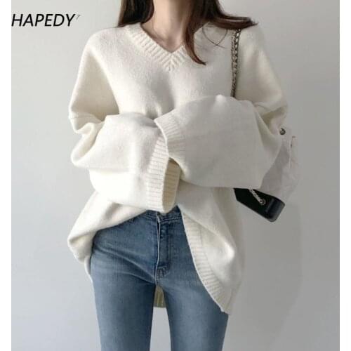 Sweater Women Black White Pullovers Korean Style 2021 New Autumn Winter Loose Casual V-Neck Knitted Top Female Solid Clothing