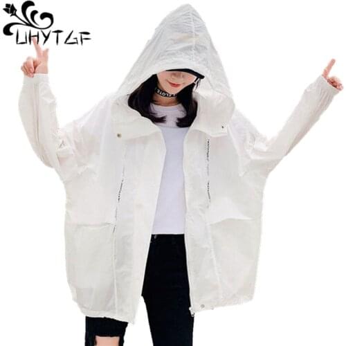 UHYTGF Women Summer Jacket Hooded Outdoor Breathable Thin Sun Protection Clothing Anti-UV Students Loose 2XL Plus Size Coat 1388