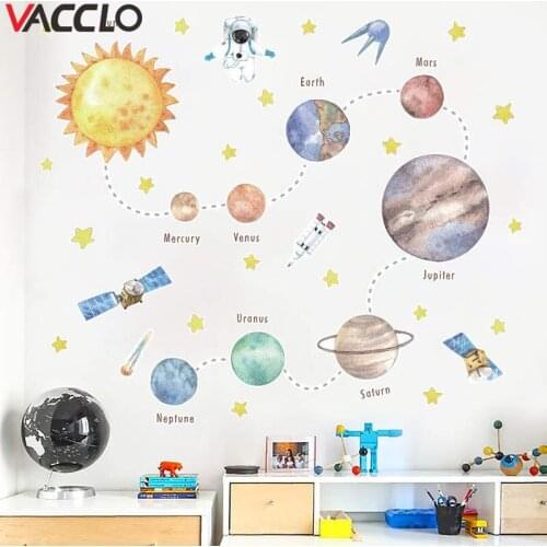 Vacclo Nine Planets Space Wall Stickers Cartoon Style Home Decor Kids Room Nursery Mural Decal Self-adhesive Door Fridge Sticker