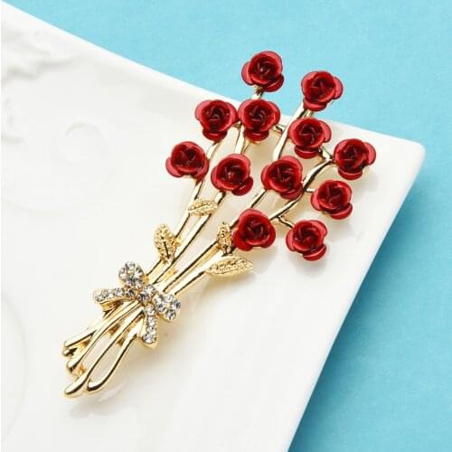 Wuli&baby Rose Flower Brooches Women Enamel Red Flower Bouquet Office Party New Year Brooch Pins Jewerly Gifts