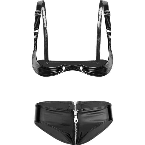 Womens Wet Look Patent Leather Bra Pants Sexy Latex Bikini Lingerie Set Open Cup Bra Top with Zipper Crotch Briefs Underwear