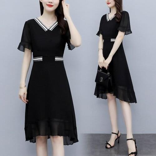 Womens black V-neck Chiffon loose dress plus size L-5XL fat XXXL 3XL XXXXL 4XL XXXXXL 100KG woman office ladies work wear dress