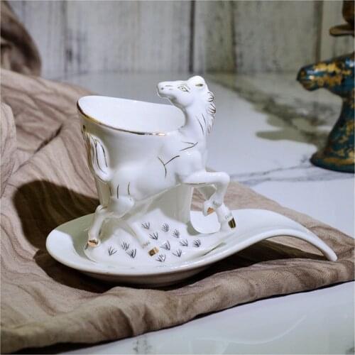 3D Beautiful embossed horse Mug with dish Porcelain Elegant Coffee Cup dish Black tea cups Ceramic Mugs Luxury Demitasse