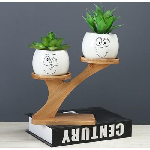 2pcs White Ceramic Flower Pots With 2 Tier Bamboo Stand Holder Home Office Desk Garden Mini Cactus Plant Pot
