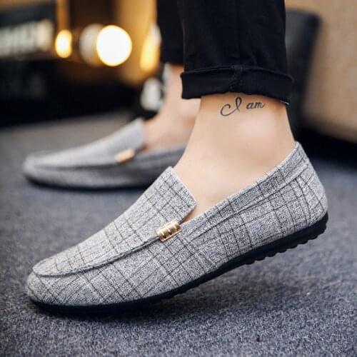 Brand Loafers Men Shoes Summer Peas Casual Shoes Men Gingham Canvas Soft Comfortable Mans Footwear Flats Male Shoes A10-04