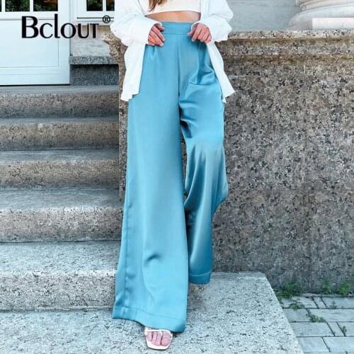 Bclout Blue Streetwear Satin Loose Long Pants Women High Waist Pleated Wide Leg Pants Autumn Patchwork Silk Zipper Trousers 2021