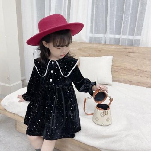 Girls Velvet Dress for Kids Vintage Turn Down Collar Long Blouse Children Casaul Clothing Navy New Year