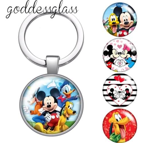 Disney Mickey Minnie mouse Friends Donald Goofy glass cabochon keychain Bag Car key chain Ring Holder Charms keychains gift