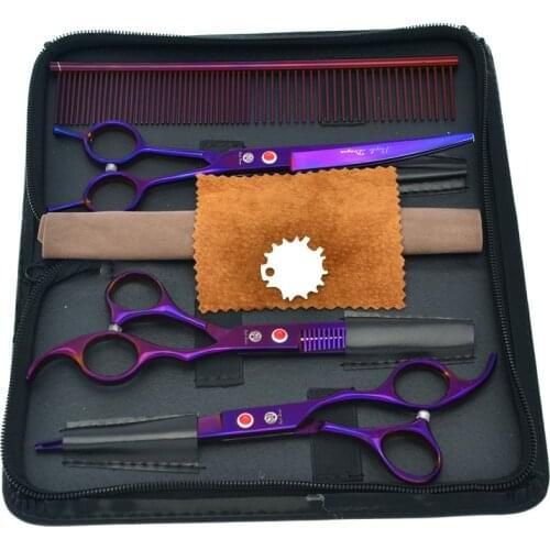 Purple Dragon 7.0" Professional Pet Cutting Scissors 6.5" Thinning Shears Dog Curved Grooming Tesoura Set with Comb Bag B0022B
