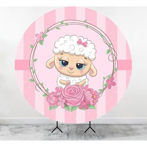 Cute Sheep Circle Background Custom Baby Shower Photobooth Pink Flower Girls Birthday Party Round Backdrop Cover
