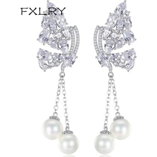 FXLRY New Design Elegant White Color Cubic Zircon Crystal butterfly Simulated pearl Earrings Wedding JEWELRY Accessories