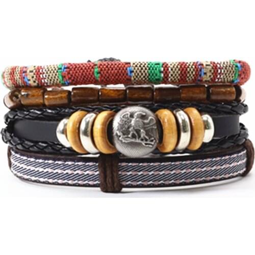 Hip hop Bracelets Wooden Beads Handmade Woven Leather Men Bracelets Women Vintage Bangle Male Homme Men Jewelry Accessories