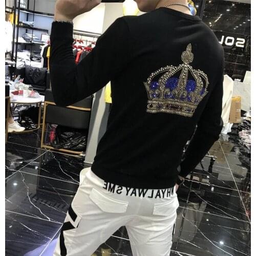 Cotton Rhinestones Color hoodies Tops Casual Long Sleeve loose design Sweatshirt Men Korean Clothes