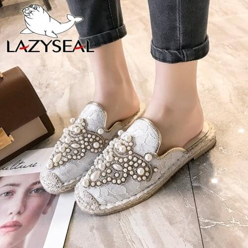 LazySeal New Crystals Pearl Half Slippers Summer Slides Women Shoes Hemp Flat Heel Shoes Women Cotton Fabric Fashion Mules Shoes