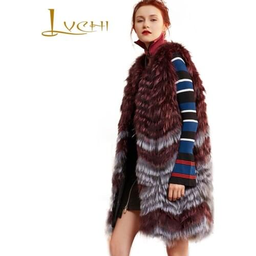 LVCHI 2019 Genuine Leather Winter Natural Fox Fur Sleeveless O Neck Colorful Patchwork Fur Coat Womens Medium Fox Vest Coats