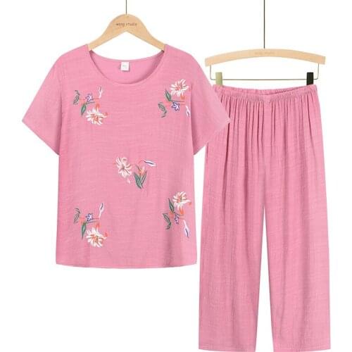 Summer Cute Wide Leg Pants 2 PCS Sets Pantsuit Female Home Colorful Nightwear Pure High Quality Trouser Suits Plus Size Lounge