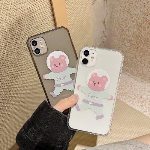 Retro Cute Space bear Korean Phone Case For iPhone 11 12 Pro Max Xr Xs Max 7 8 Plus x 7Plus Case Transparent TPU Soft Back Cover
