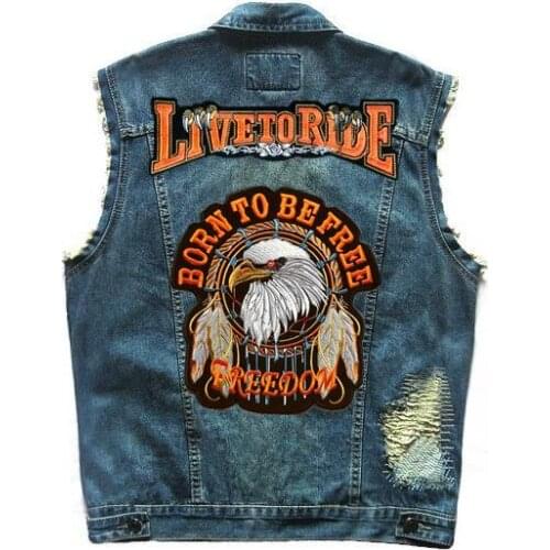Eagle Mens FREEDOM Patches Moto Biker Vests LIVE TO RIDE Embroidered Distressed Rivet Denim Vest Motorcycle Sleeveless Jacket