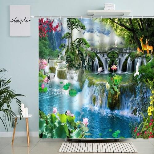 Landscape Scenery Shower Curtain Forest Waterfall Green Plants Flowers Lotus Deer Chinese Bathroom Wall Decor With Hook Screen