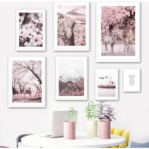 Sakura Deer Peach Blossom Mountain Swan Wall Art Canvas Painting Nordic Posters And Prints Wall Pictures For Living Room Decor
