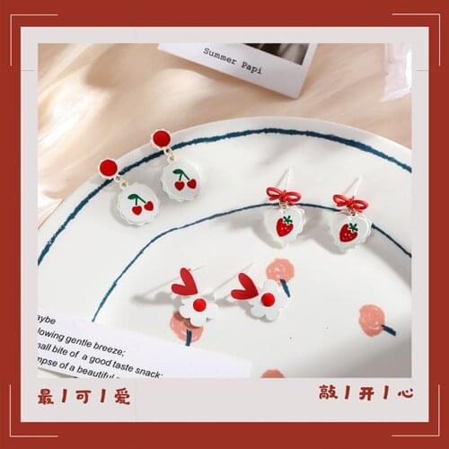 Korean Version Of The Spring And Summer New Bow Knot Strawberry Earrings Red Cute Cherry Sweet Ear Stud Ins Fruit Ear Jewelry