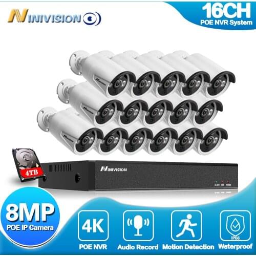 NINIVISION 16CH 4K Ultra HD POE CCTV Security System 8MP IR IP66 Waterproof Outdoor IP Camera Plug&Play Video Surveillance Set