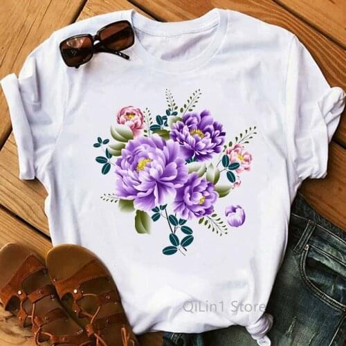 Vintage Flowers Print T Shirt Women Lovely Tops Female Summer Clothes Tumblr Tshirt Femme Camisetas Mujer T-Shirt 80s 90s Tees