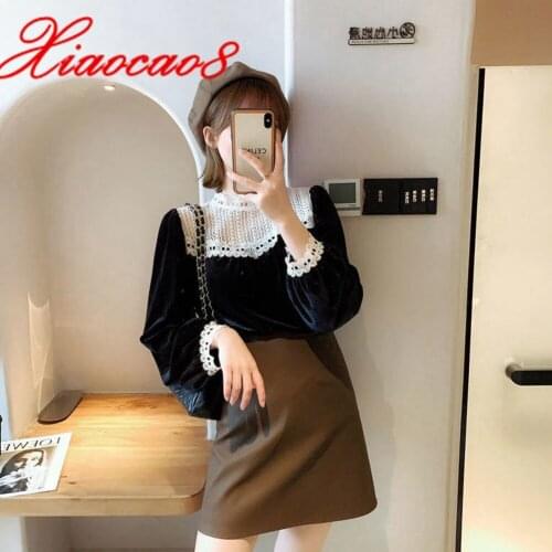 Black Gold Velvet Lace Blouse for Women Plus Size Patchwork Long Sleeve Shirt Tops Spring Elegant Womens Clothing