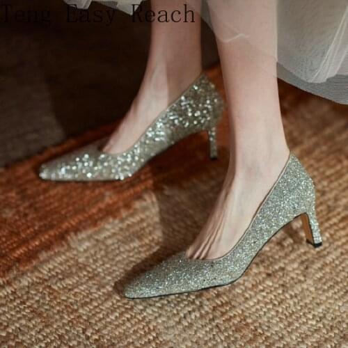2021 Genuine Leather Glitter Bling Silver Womens Party Wedding Shoes Thick High Heels Womans Lady Office Pumps Big Size 43