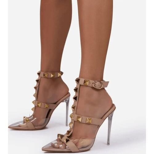 2021 New Womens Crystal Stiletto High Heel Sandals Fashionable Sexy Pointed Rivet Transparent Buckle Nightclub Party Shoes